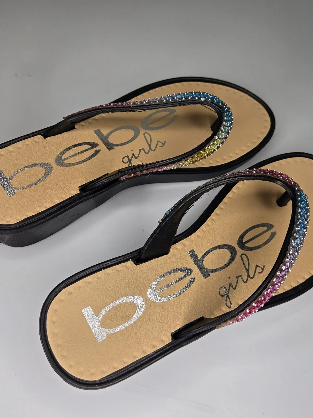 Bebe Girls's Beige Rhinestone Multicolor Women's Flip Flops SIZE CHILD 11 SMALL